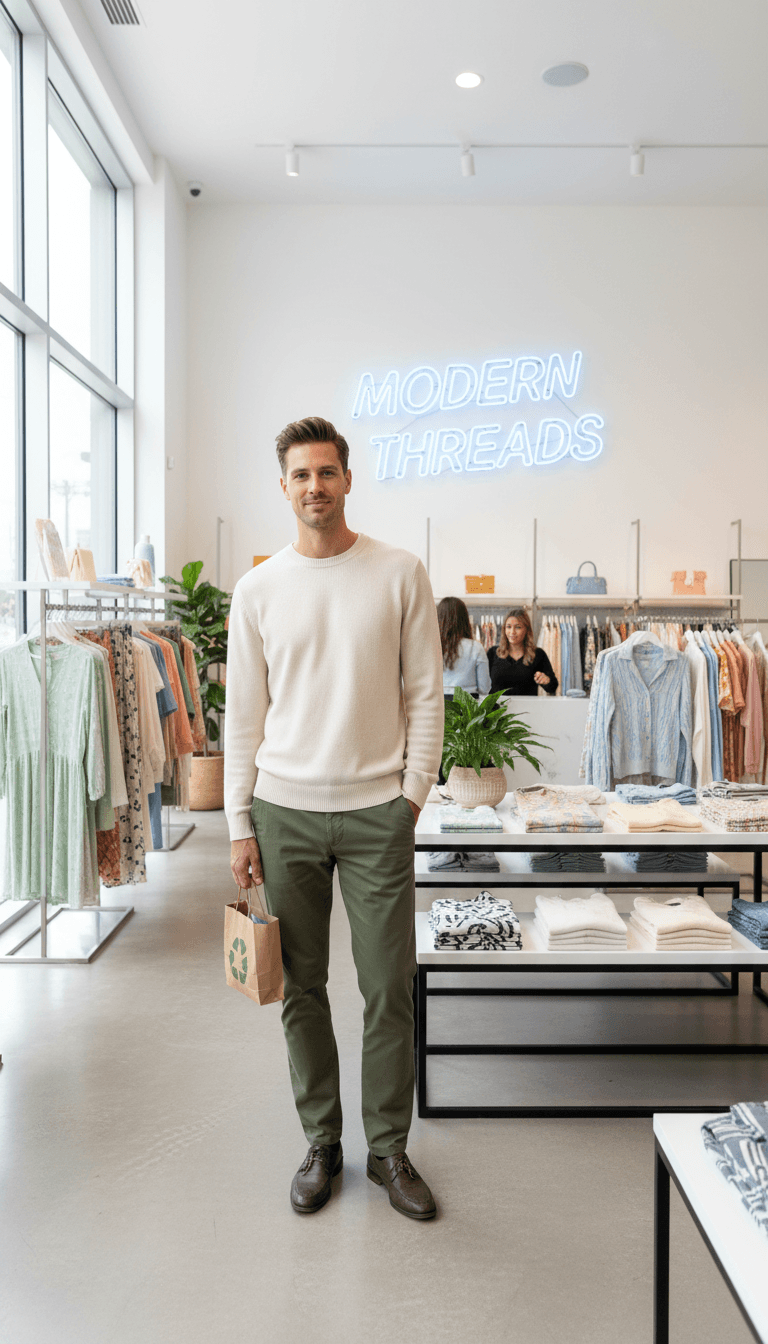 Man in casual sweater and chinos in bright boutique