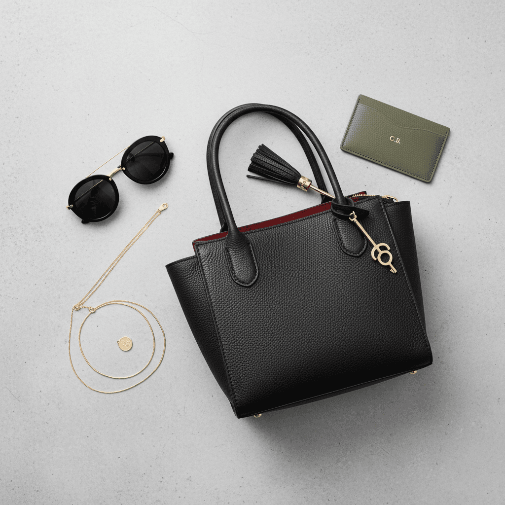Leather bag styled next to a watch and small accessories for a complete look
