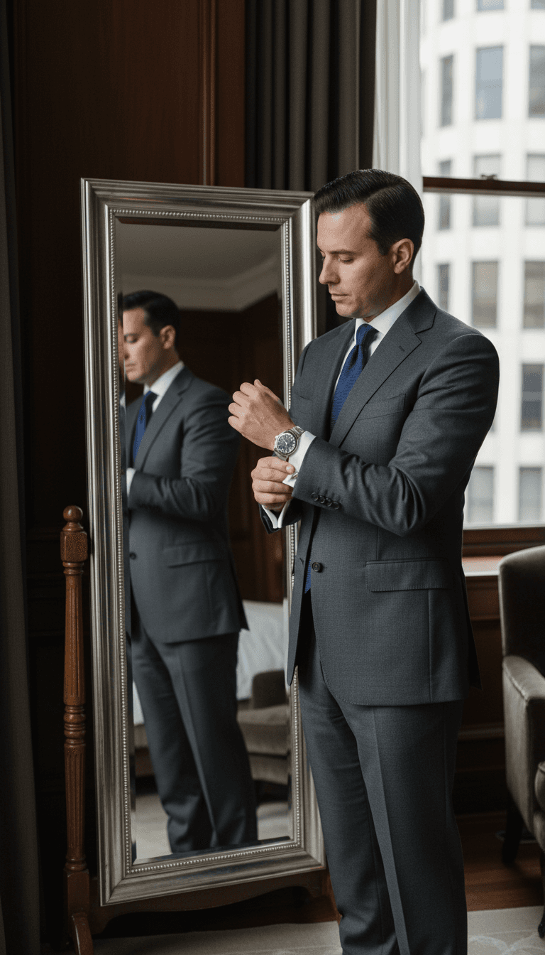 Man adjusting cufflink in mirror wearing suit