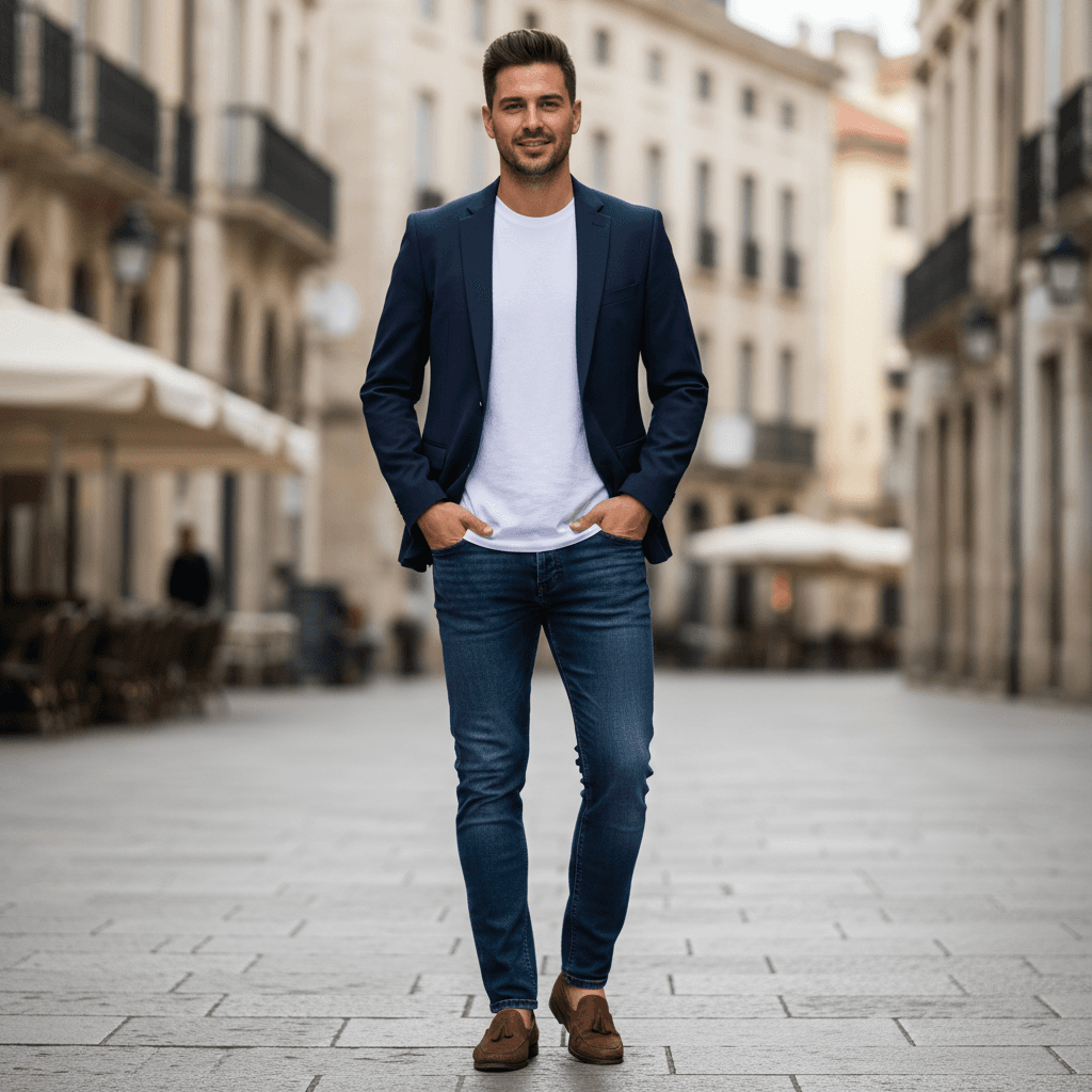 Man mixing a navy blazer with a plain white t-shirt for a smart casual look