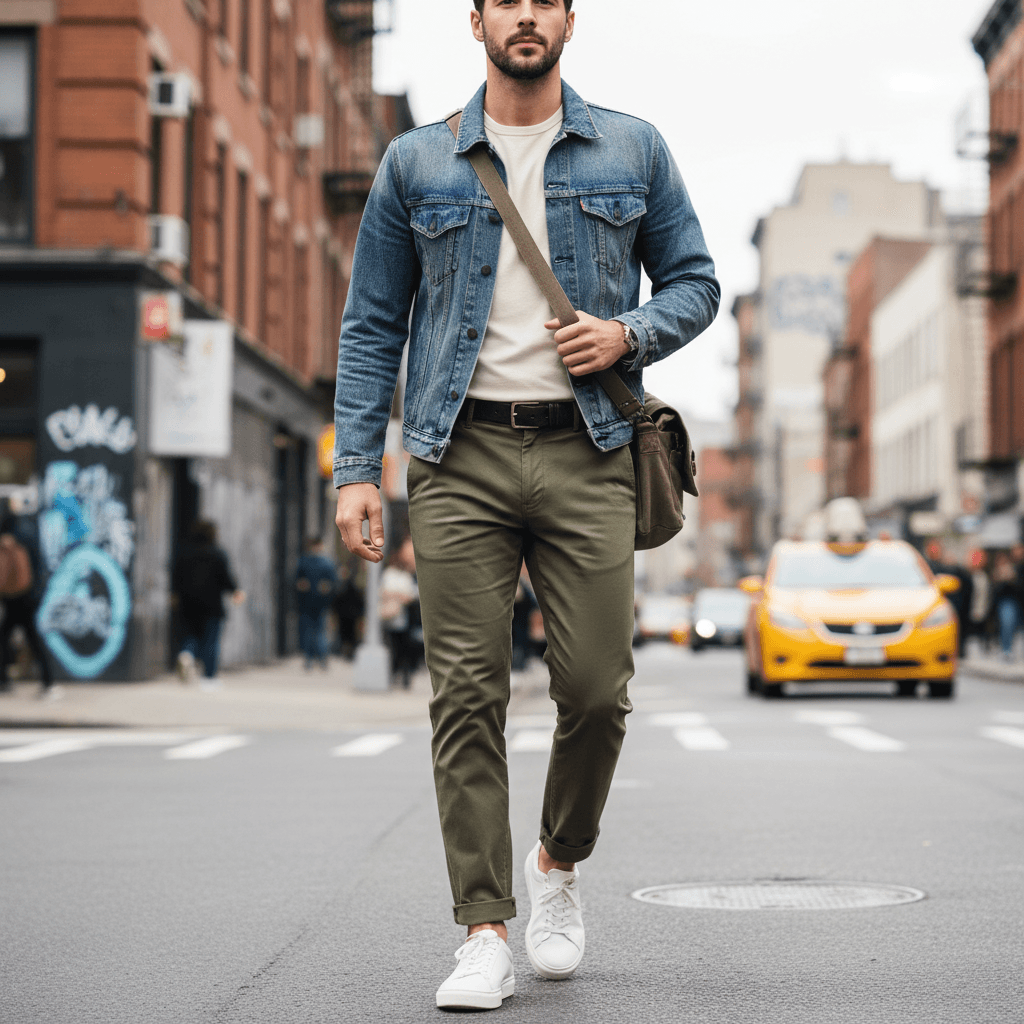 Man in a denim jacket and chinos, a go-to weekend outfit