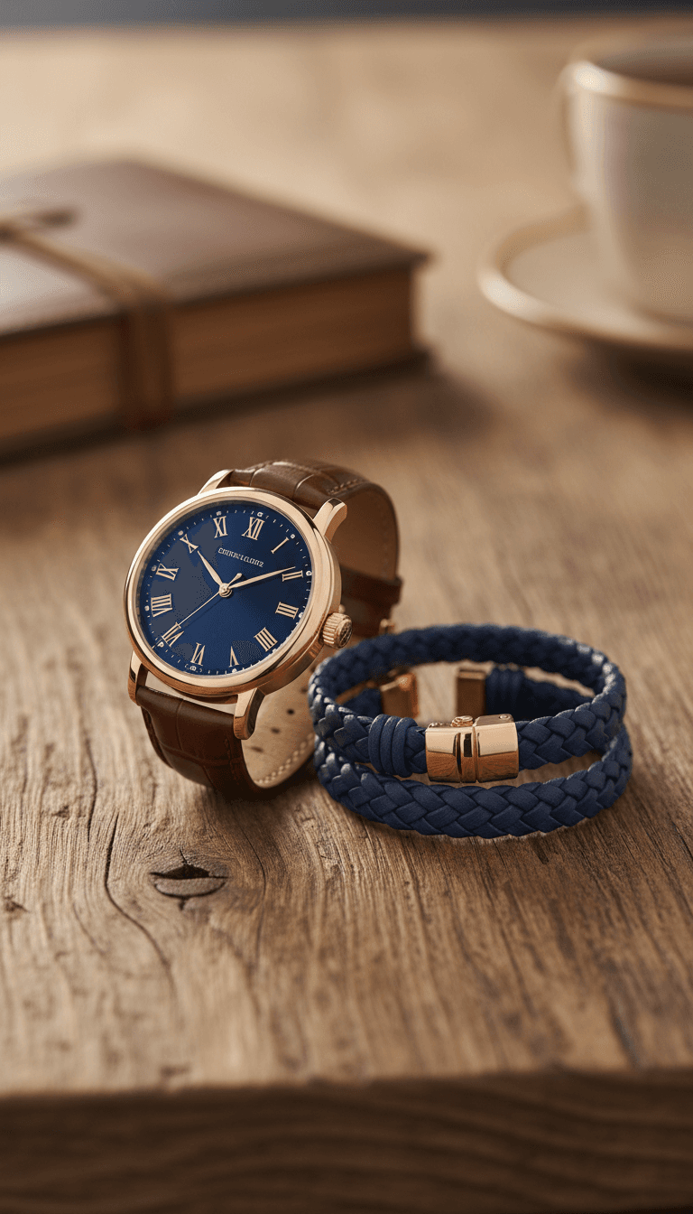 Close-up of watch and bracelet on wooden table
