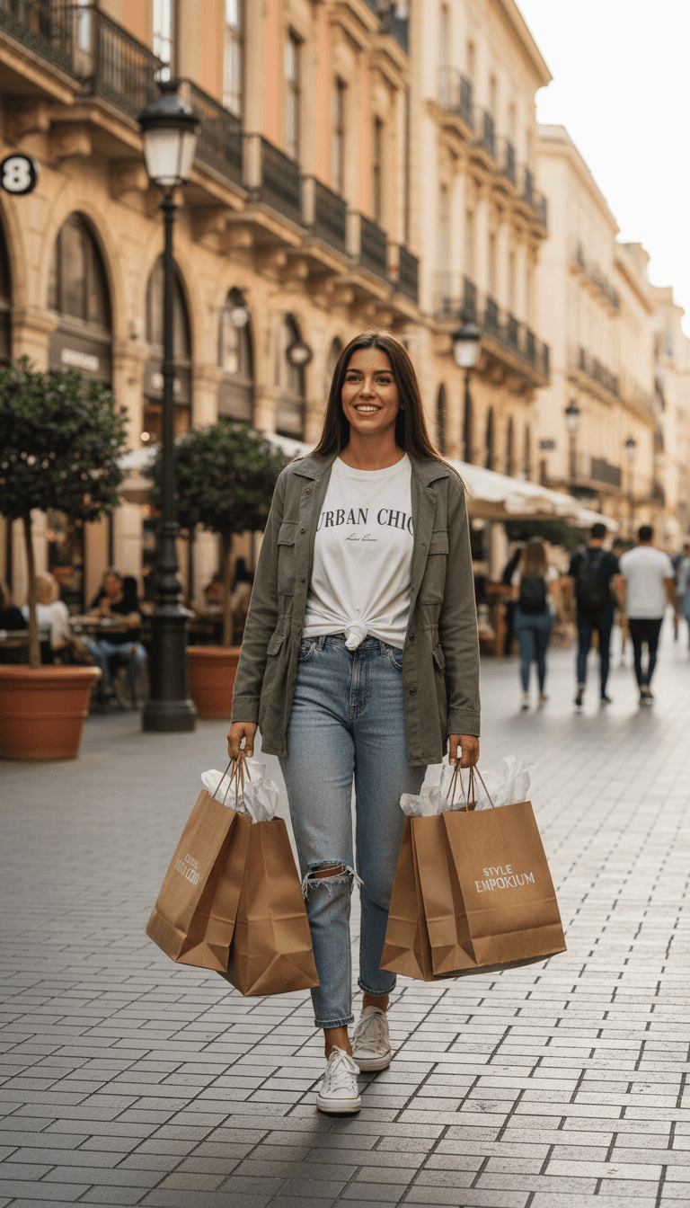 Woman in casual outfit with shopping bags downtown