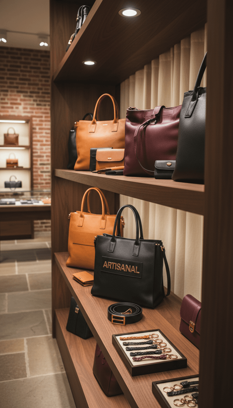 Leather handbags and accessories on boutique shelf