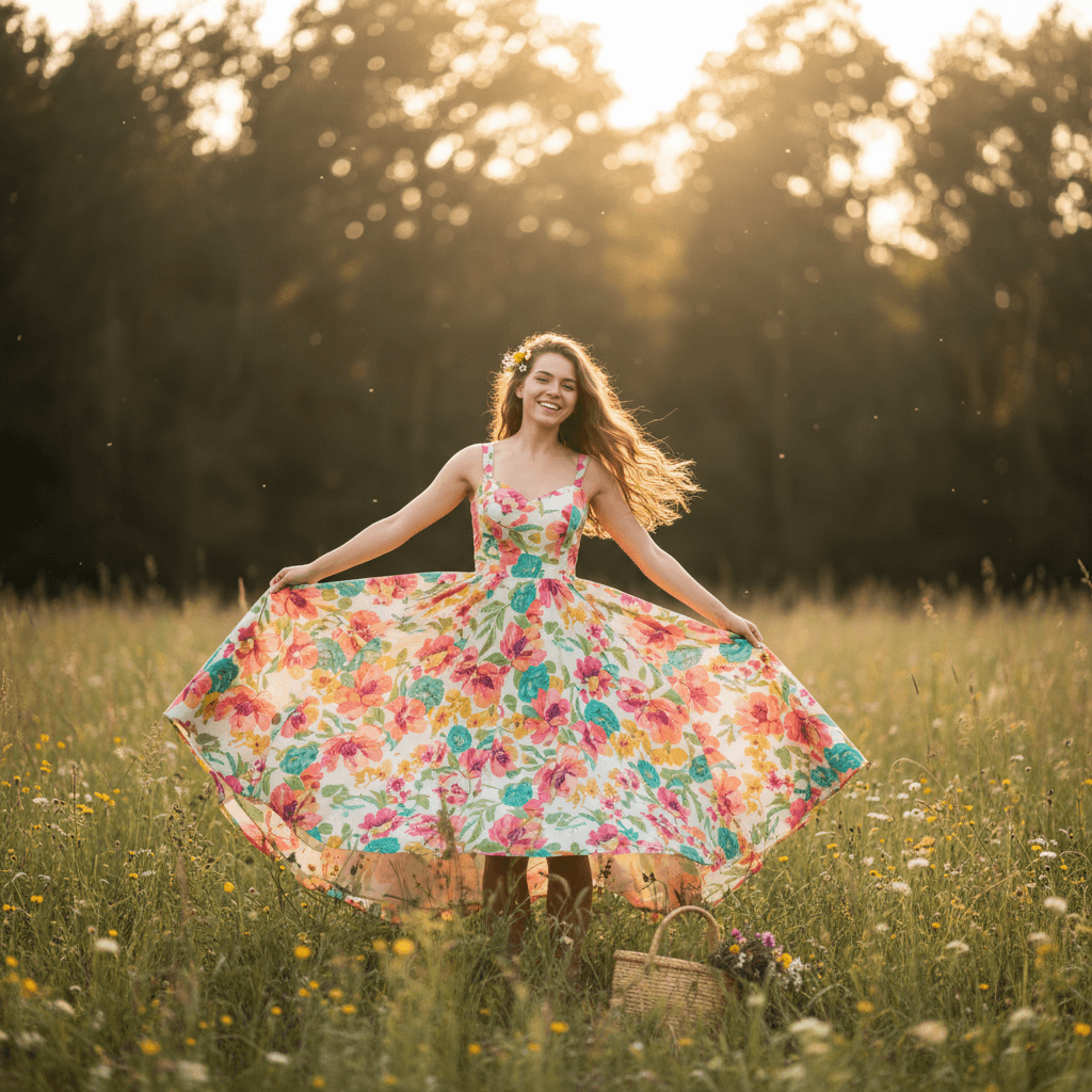 Full-length portrait of a woman in a floral dress from the summer collection