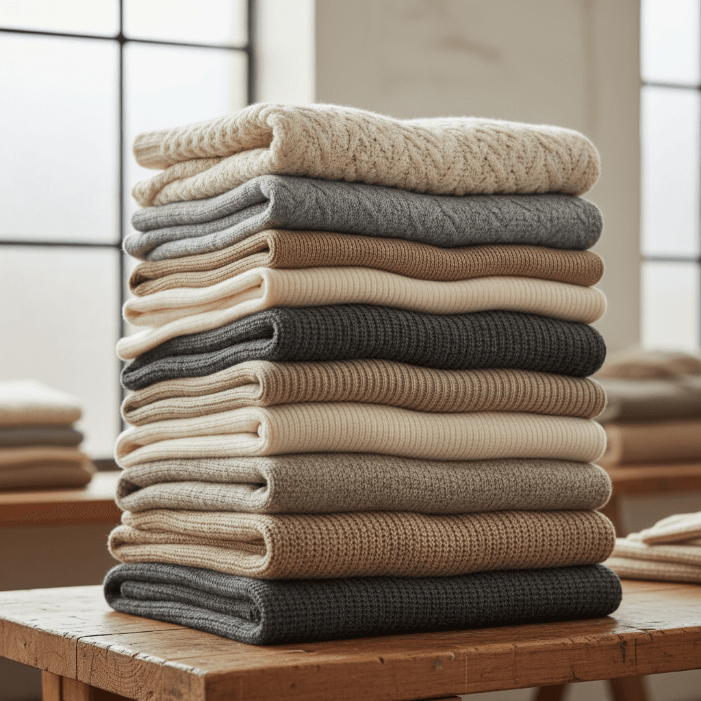 Stacks of knit sweaters in warm neutral tones from the fall collection