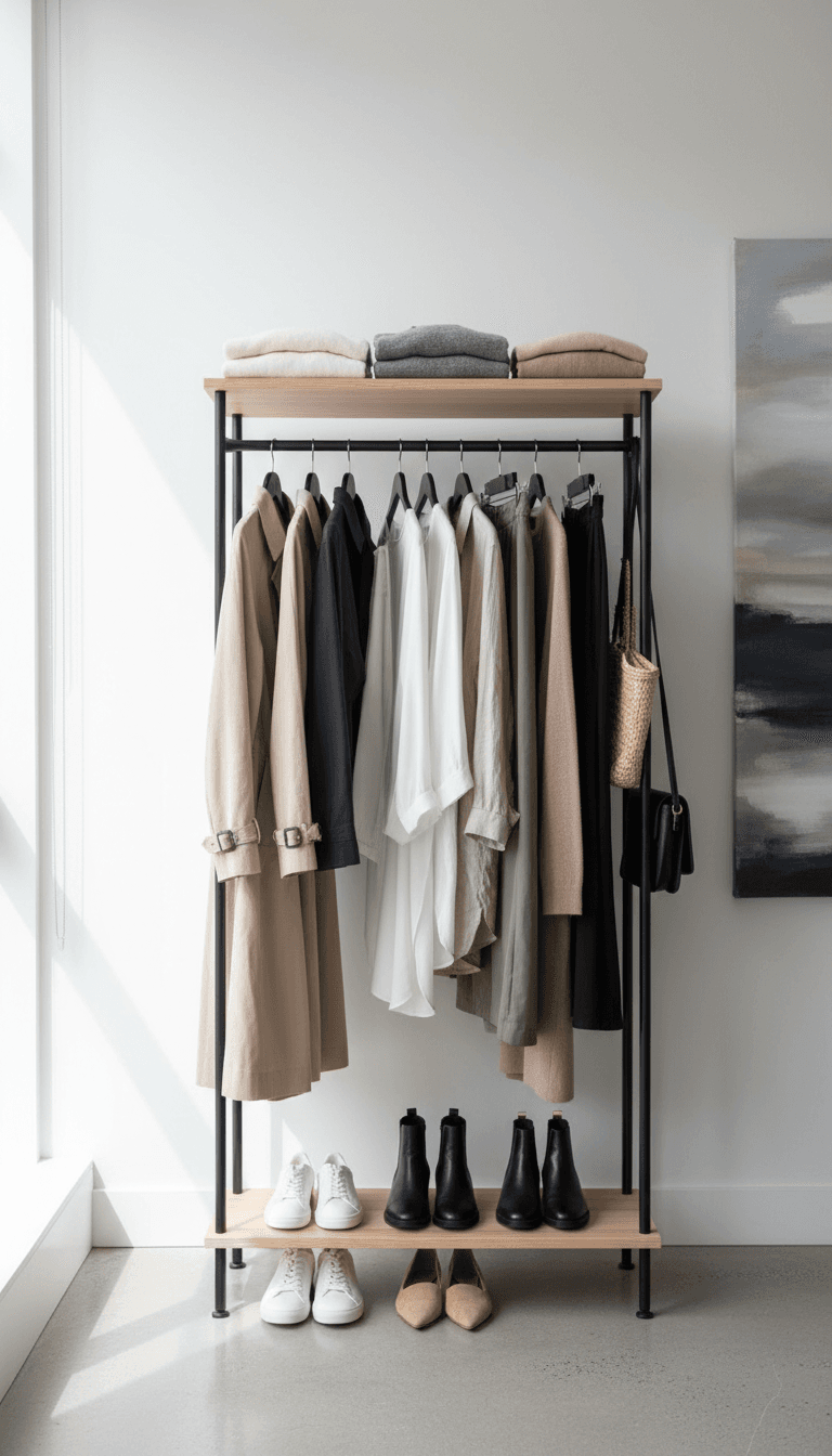 Capsule wardrobe rack with neutral pieces