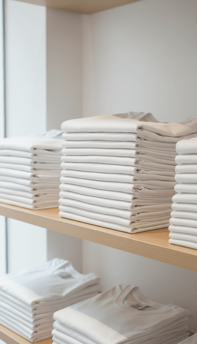 Stack of plain white t-shirts on shelf