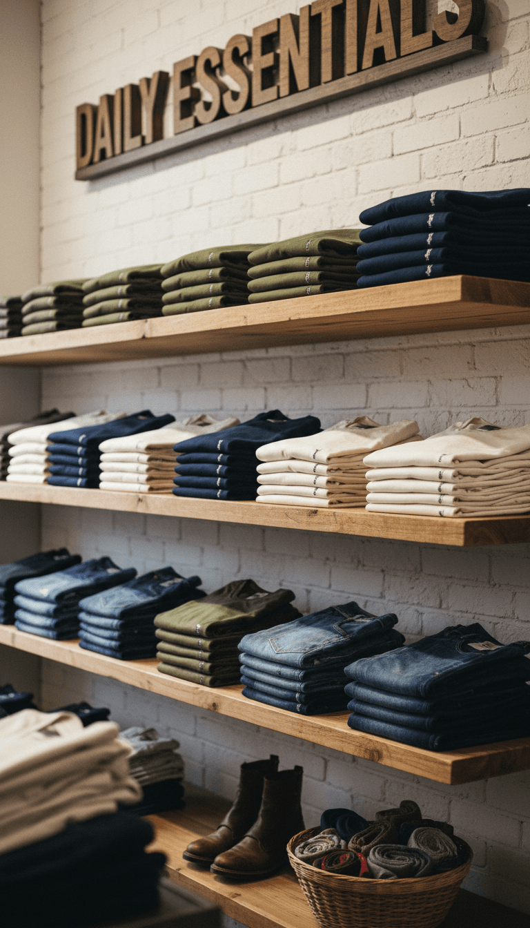 Neatly folded casual shirts and jeans on store shelf
