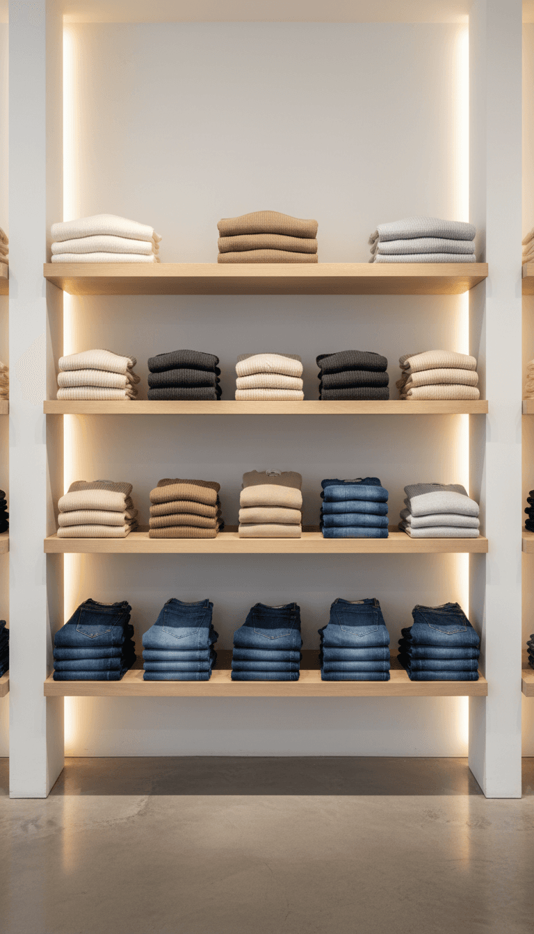 Folded neutral sweaters and classic jeans
