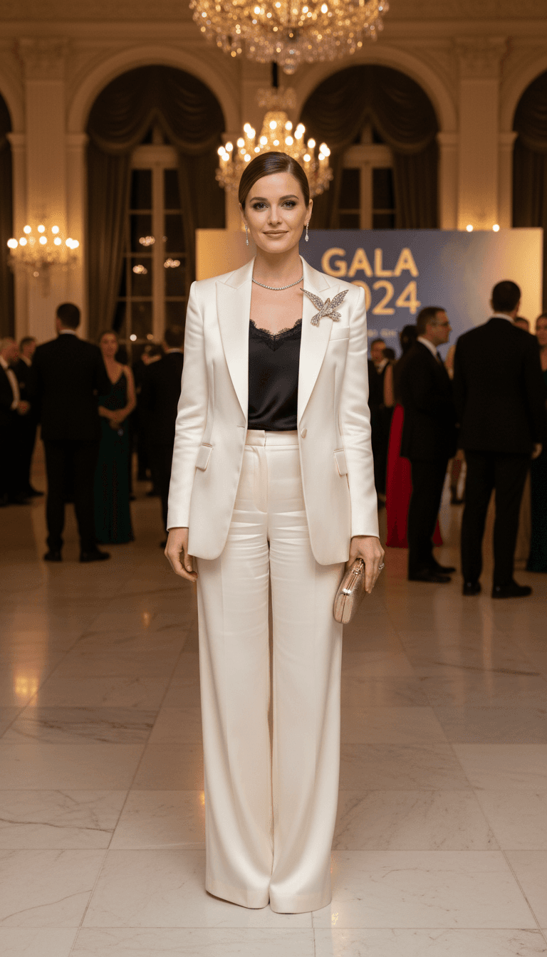 Woman in tailored blazer and trousers at event
