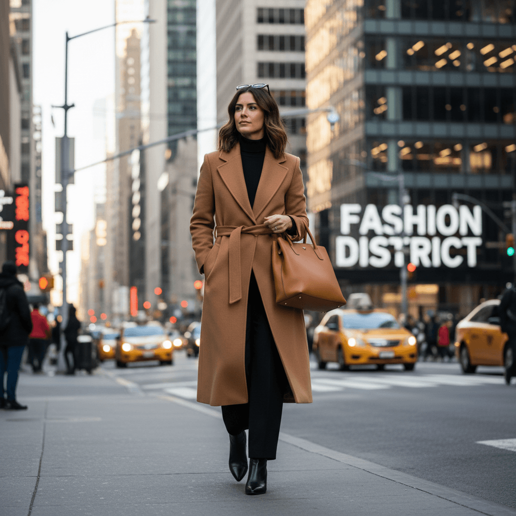 Woman in a camel coat layered over casual wear, downtown Toronto street style