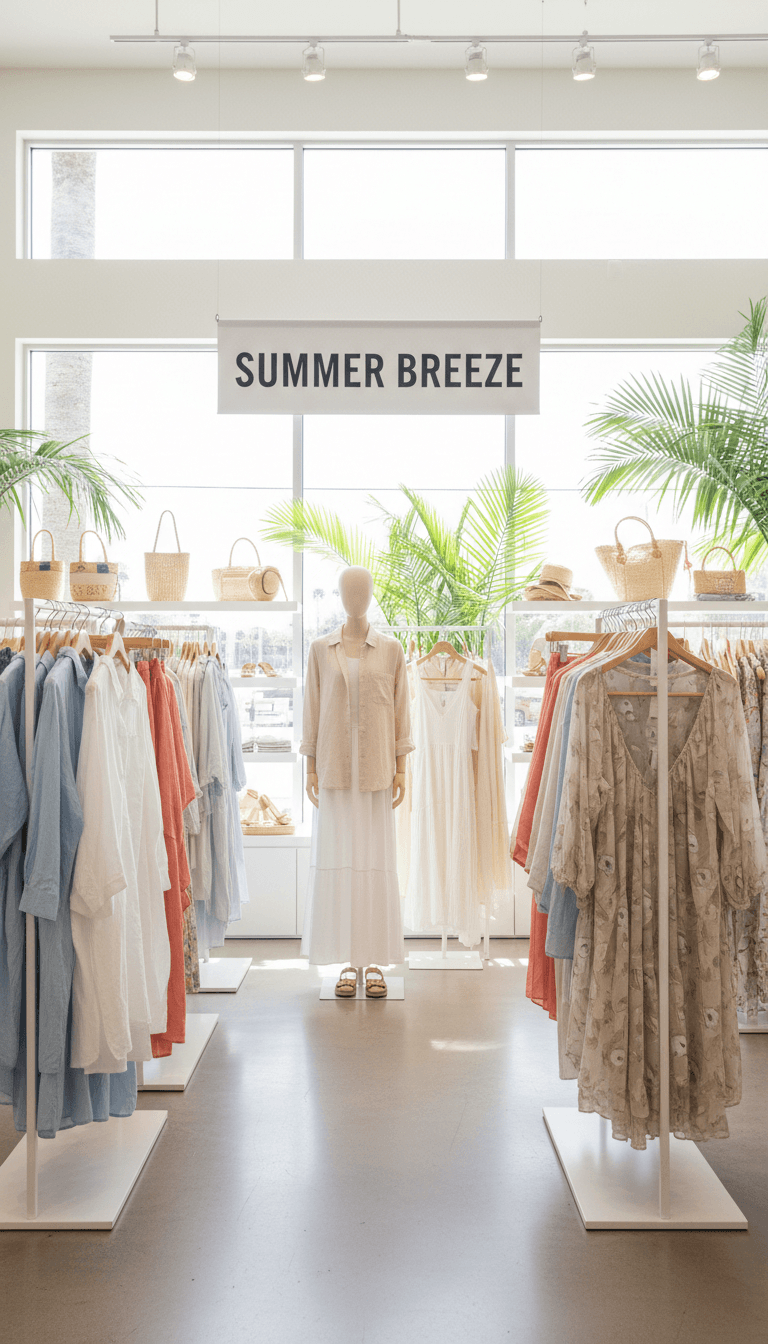 Summer display with linen shirts and light dresses