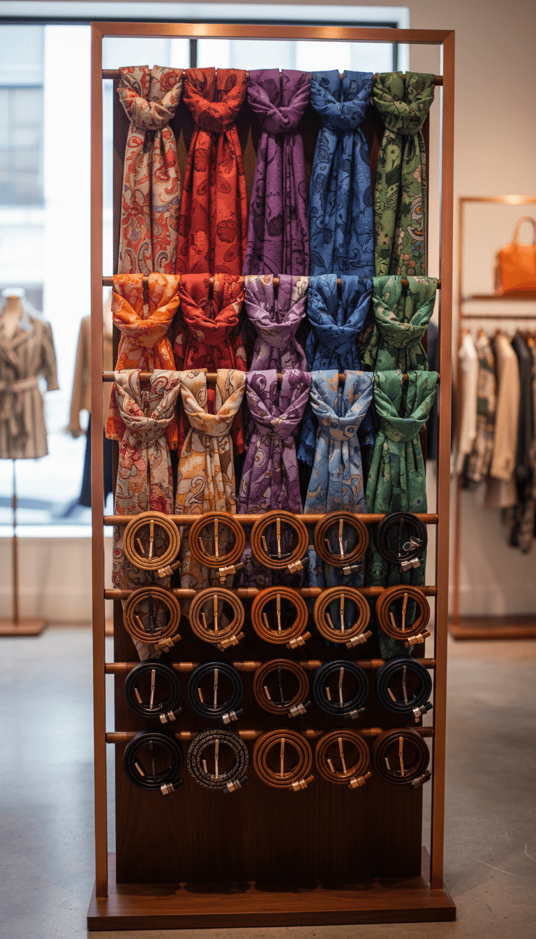 Scarves and belts arranged on display rack