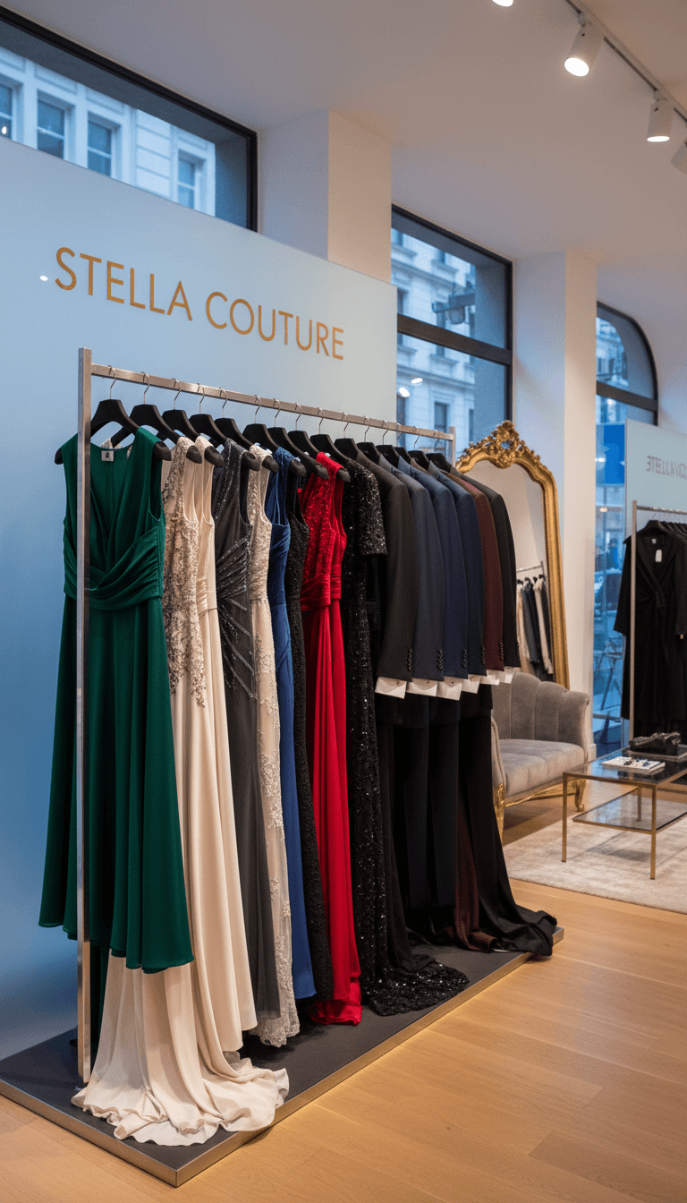 Rack of formal dresses and suits in store