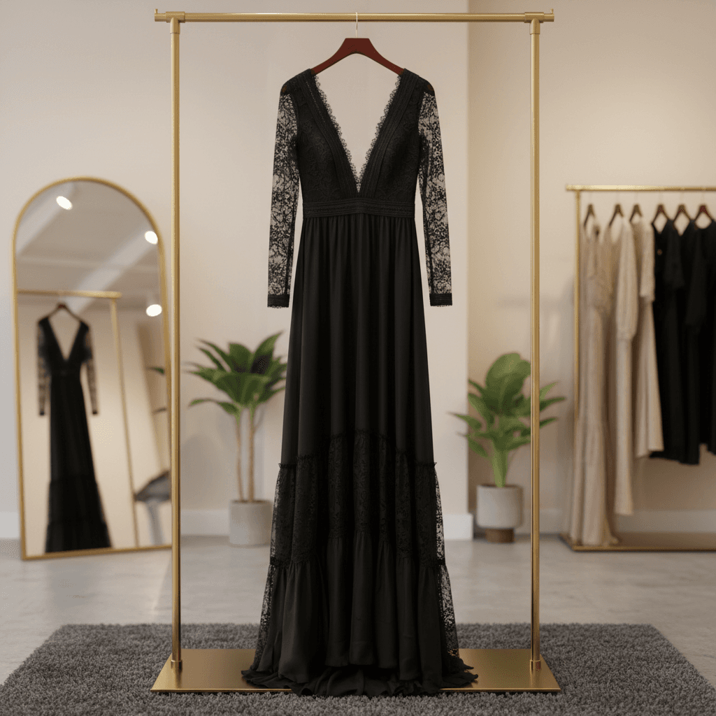 Black evening dress on a rack, ready for a formal night out