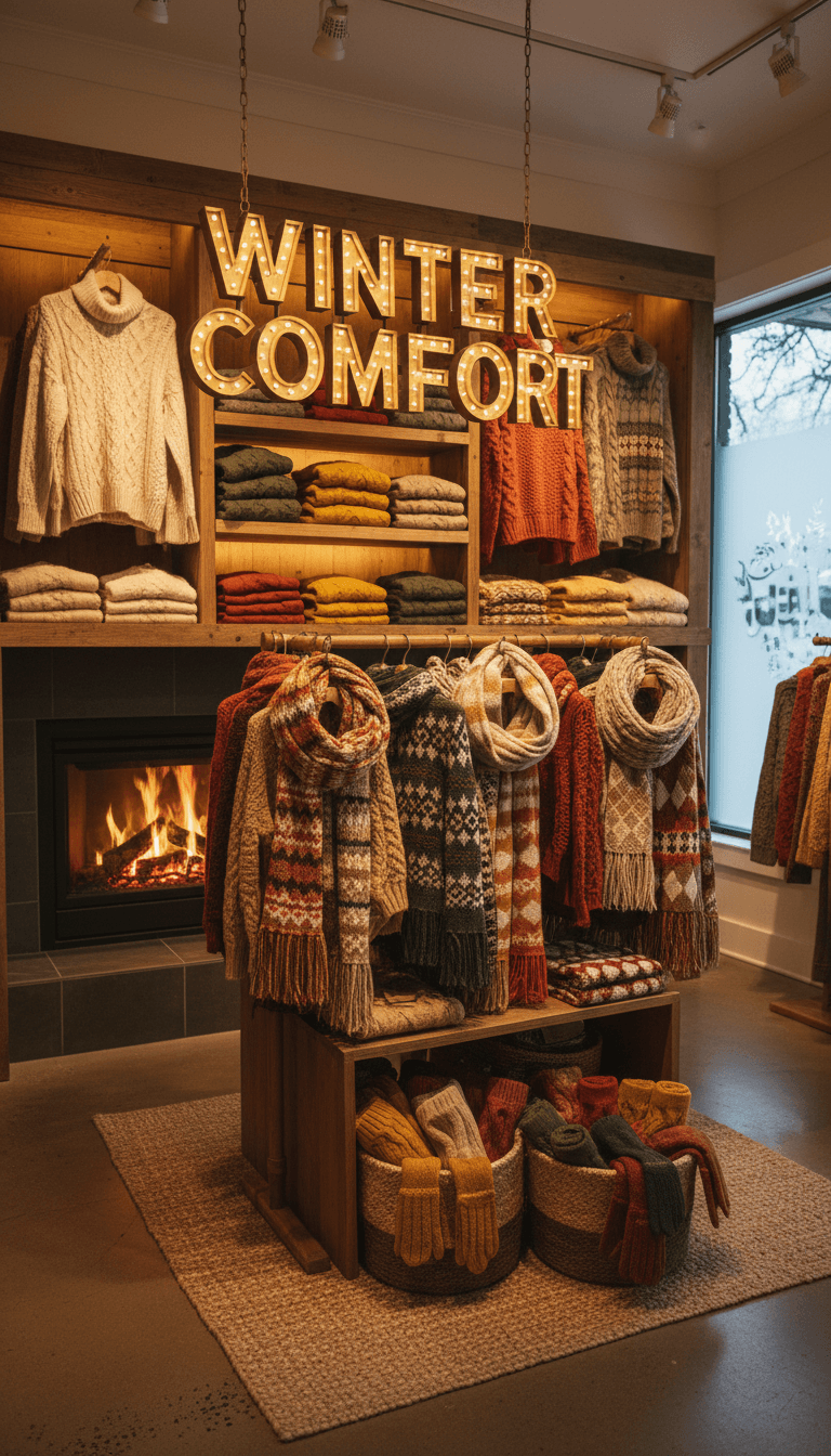 Winter display with knit sweaters and scarves