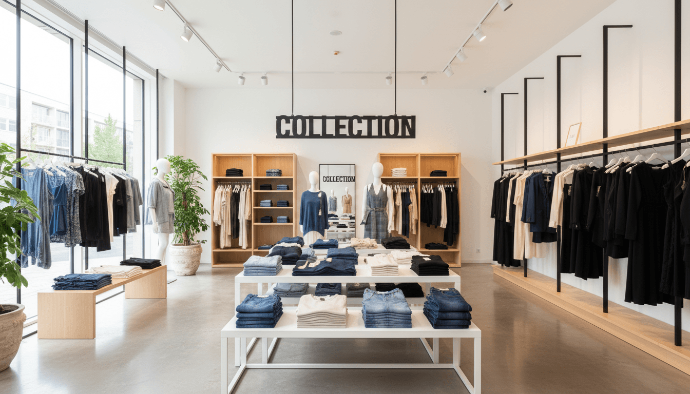 Bright modern clothing store interior with neatly organized displays