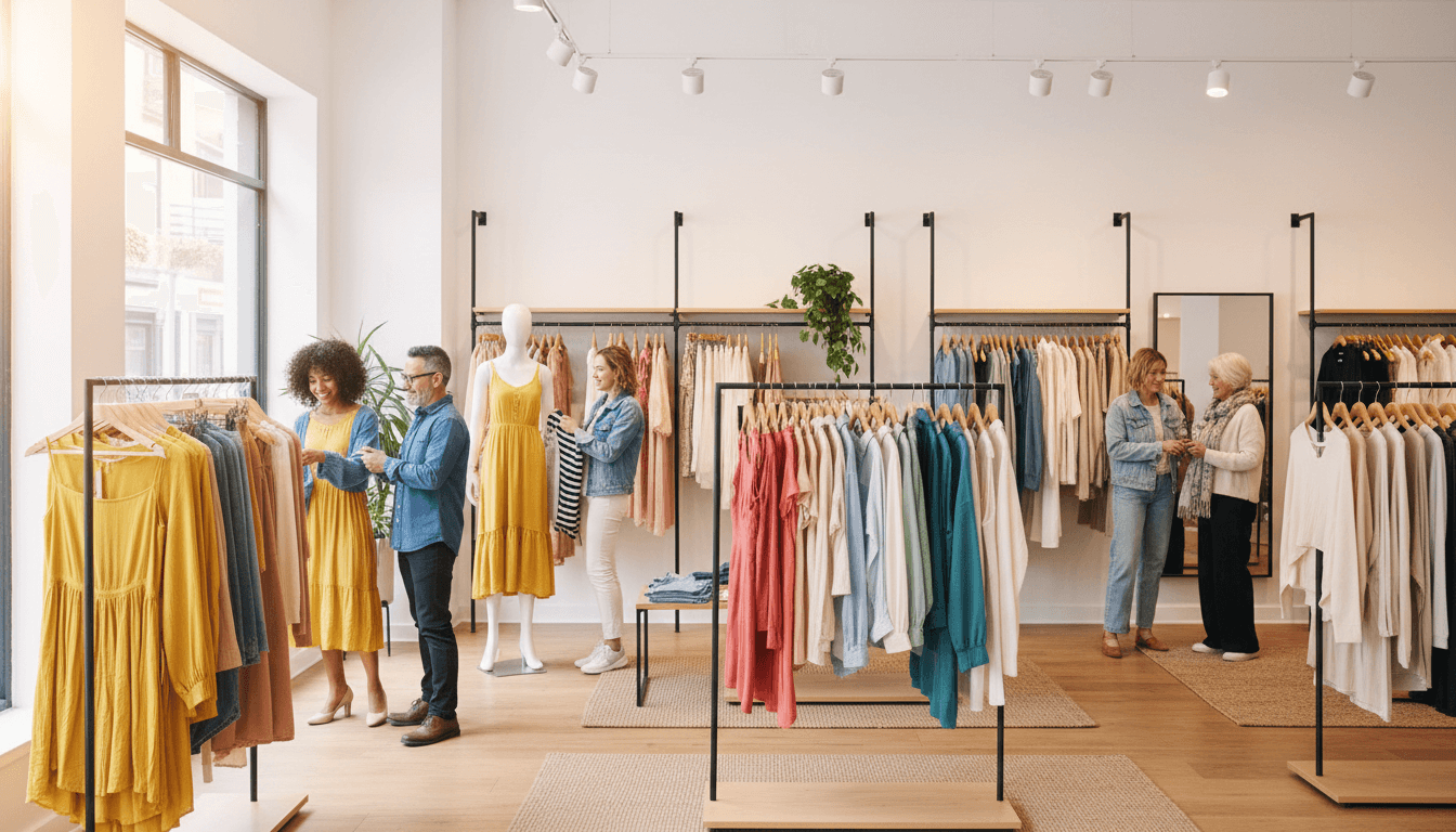 Clothing racks with a variety of styles in a bright modern store