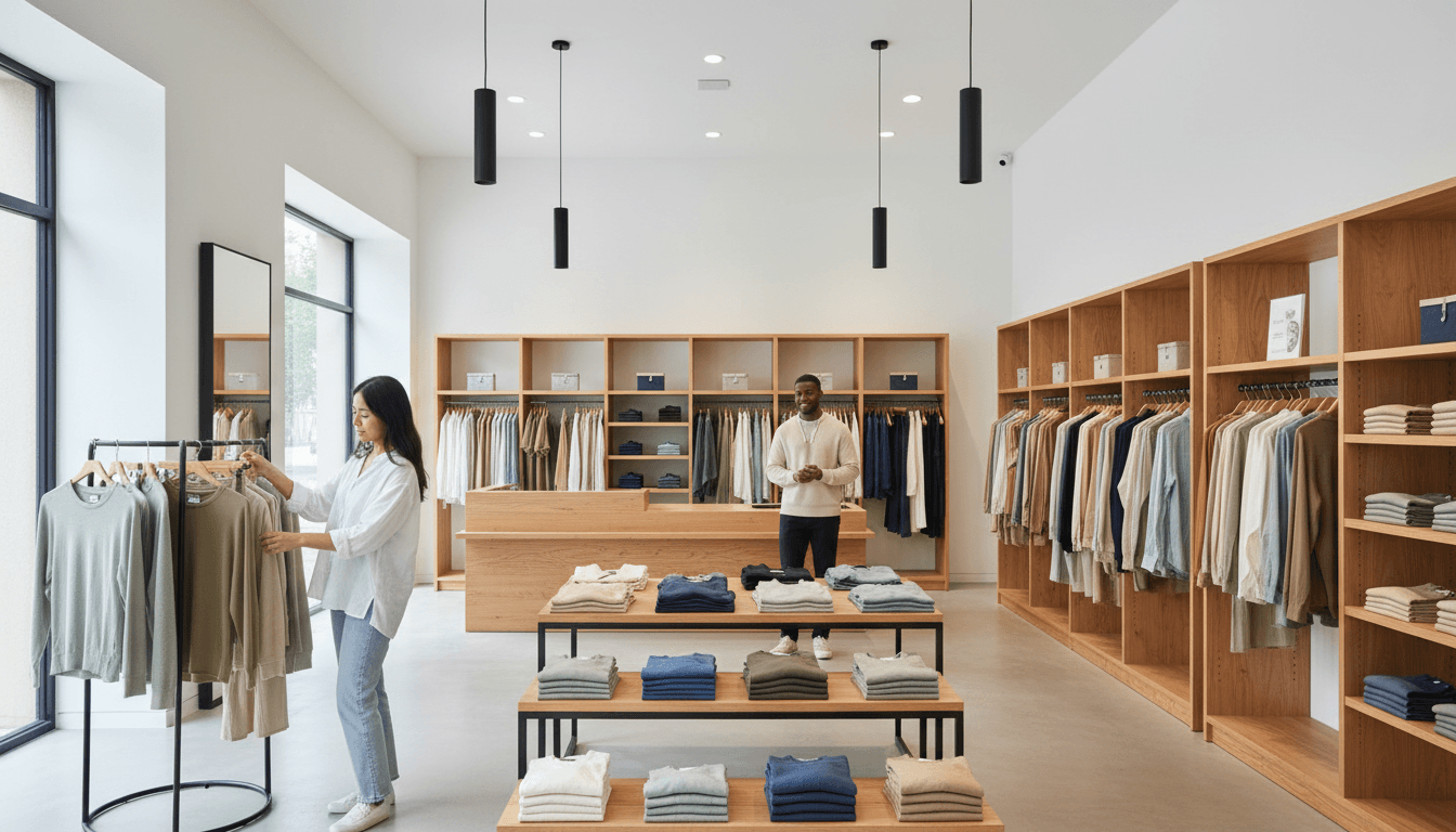 Store associate helping a customer look through clothing on a rack in a bright, modern boutique