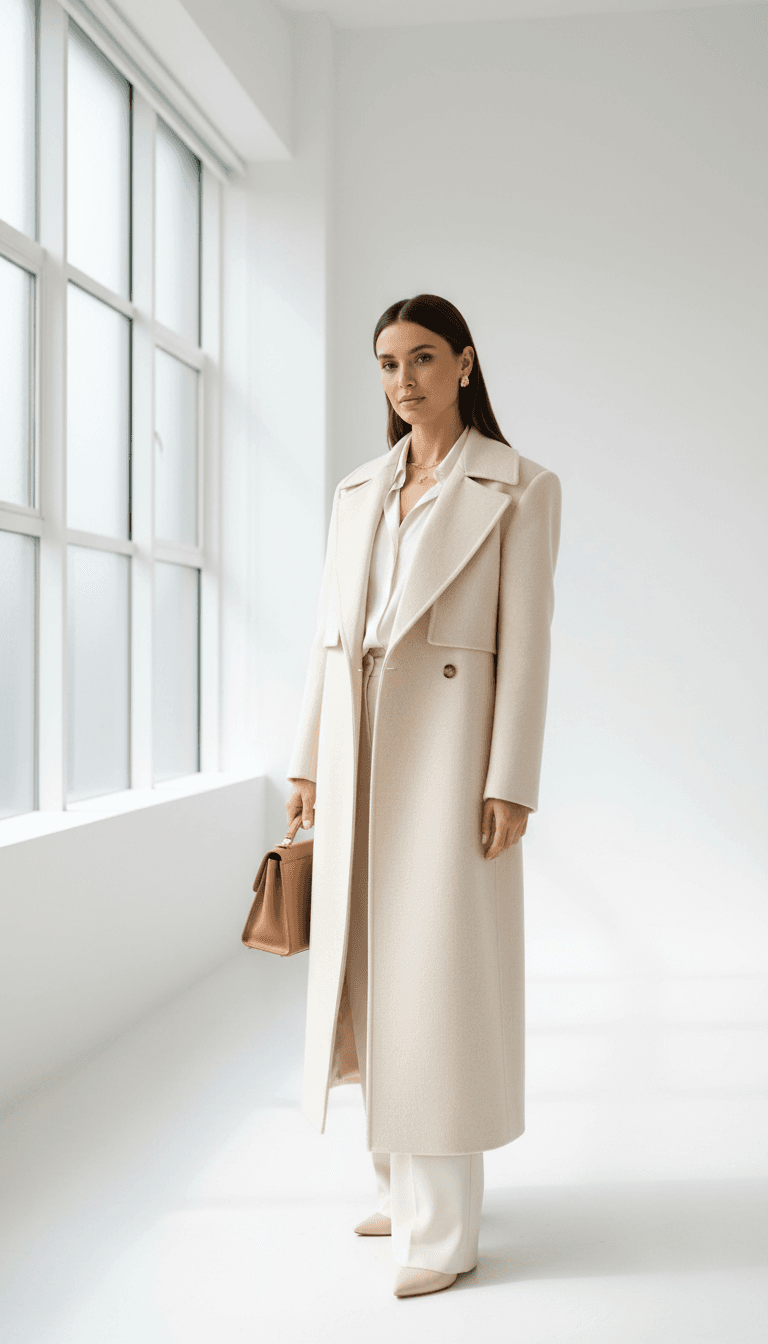 Woman in a tan trench coat and scarf for a crisp winter day
