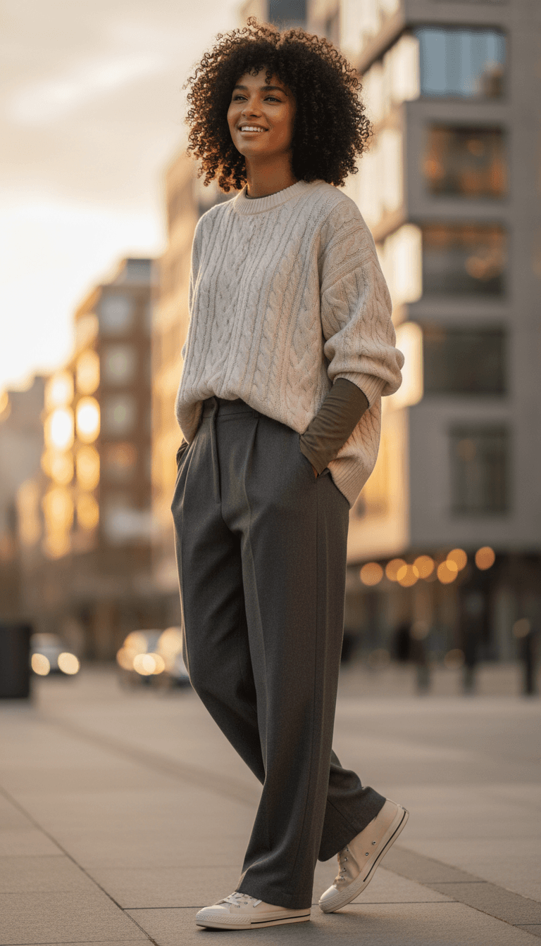 Chunky sweater and corduroy pants for golden autumn evenings