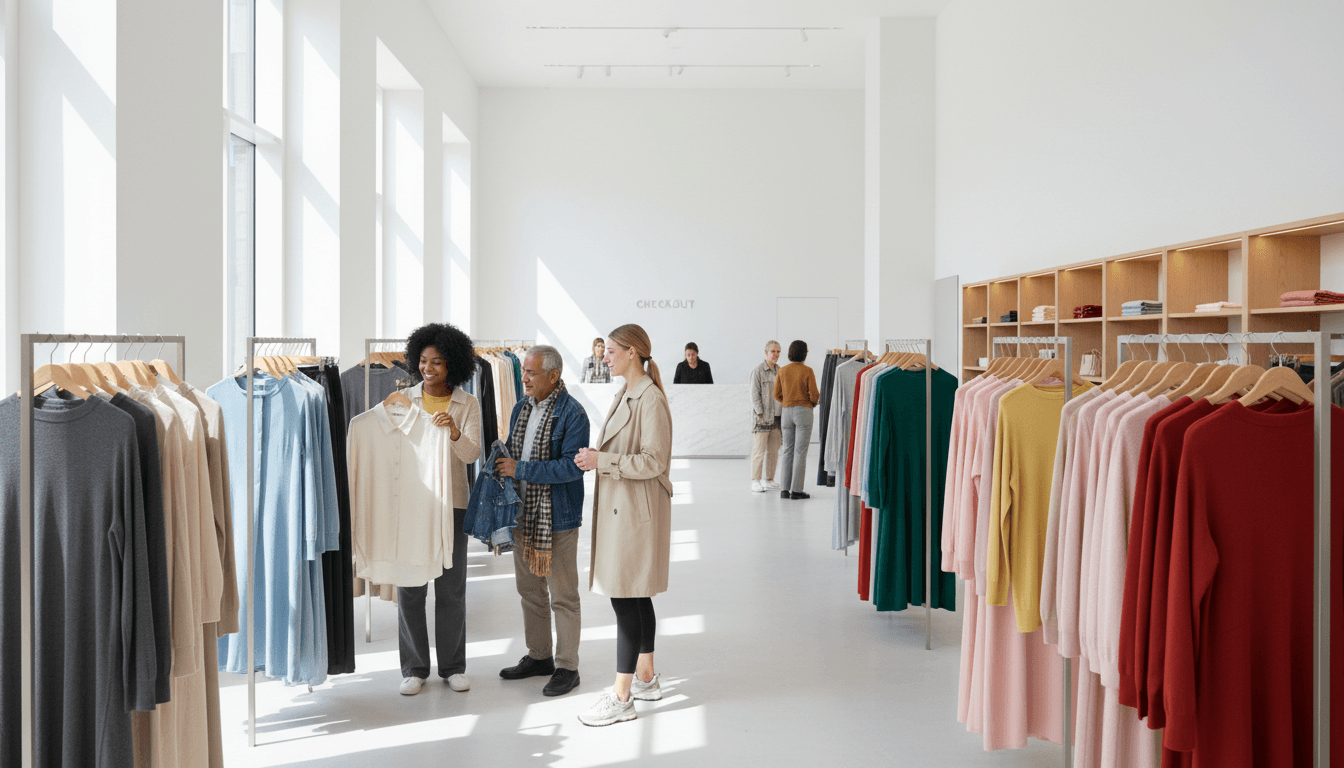 Modern clothing store interior with racks of casual and formal apparel in warm lighting