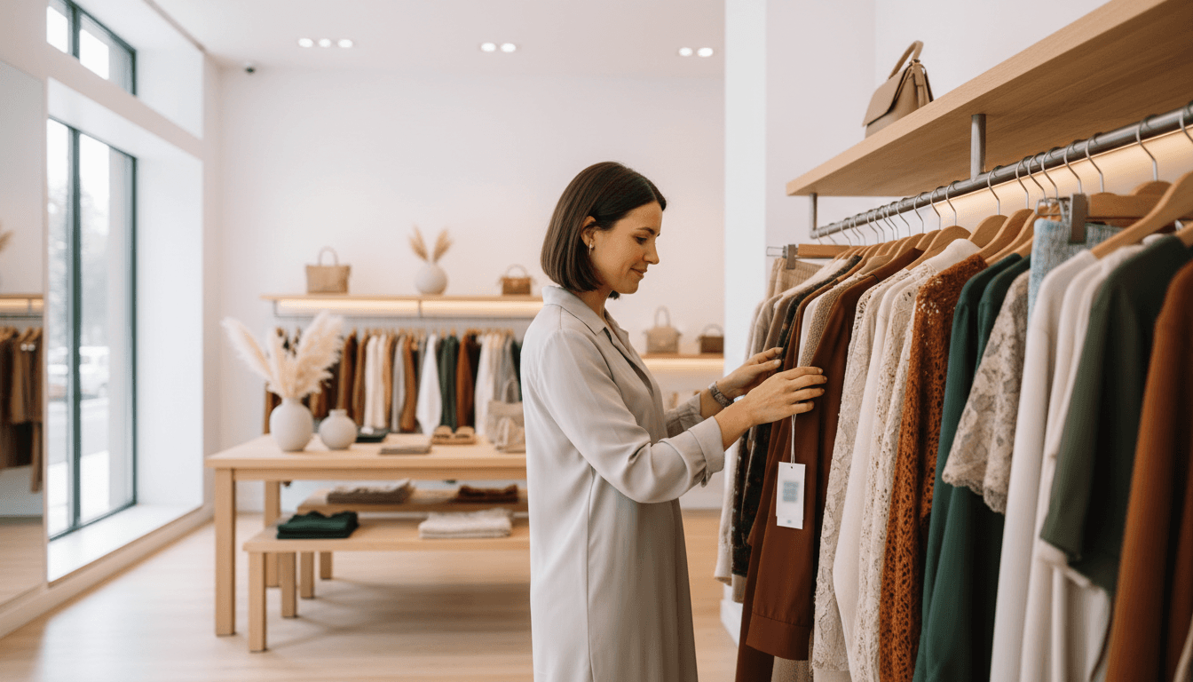 Woman browsing a clothing rack in a bright modern boutique